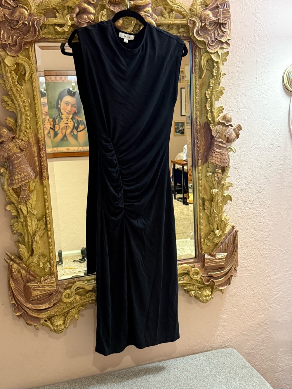 Reiss Black Sleeveless Ruched Midi Dress